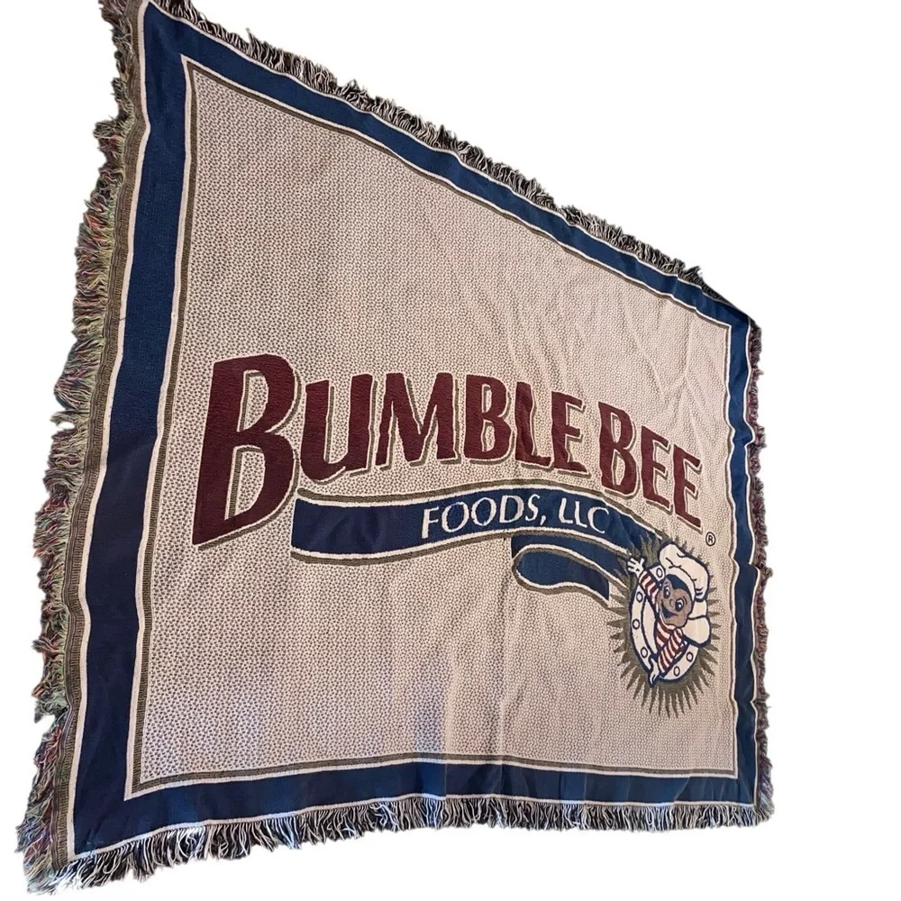 Vintage Bumble Bee Foods Woven Novelty Throw Blanket w/ Fringe Hem Fall